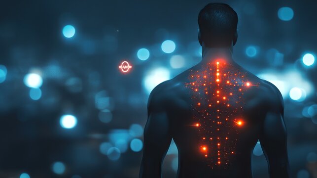 Digital health concept art showing male upper body from the back with glowing red mind and chest zones, 