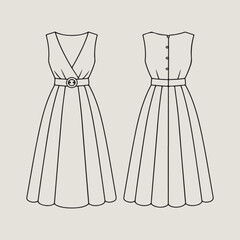 Elegant Sleeveless Belted Flared Dress &ndash; Black and White Fashion Illustration