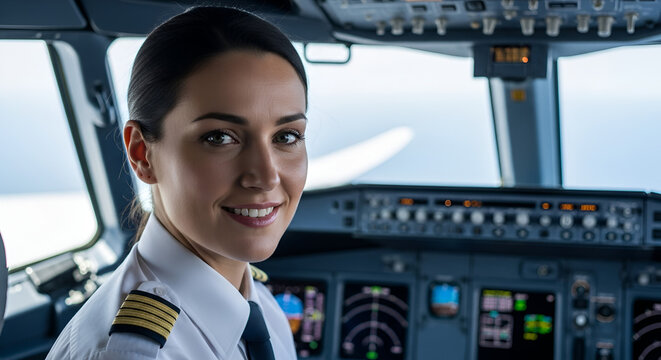 Confident Female Airline Pilot in Cockpit