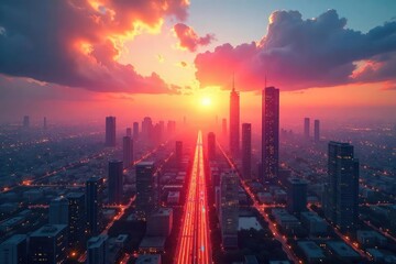 Fototapeta premium A vibrant sunrise over a futuristic cityscape, symbolizing innovation, progress, and limitless potential for tomorrow's world Clean energy sources illuminate the skyline , construction, skyscrapers