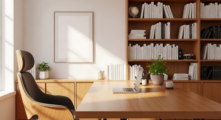 Fototapeta premium Frame mockup, ISO A paper size. Workspace wall poster mockup. Interior mockup with shelves. Minimalist home office design. 3D render.