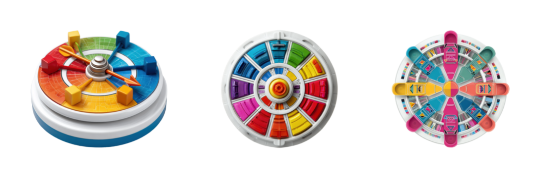Colorful board game wheels spinning in playroom engaging fun atmosphere, isolated on transparent background, png set