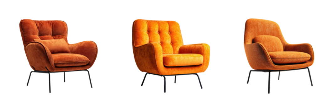 Stylish orange chairs for modern interiors home furniture, isolated on transparent background, png set