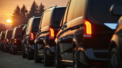 Fleet of Black Vans at Sunset: A row of identical vans gleam in the golden light, their tail lights shining brightly against the backdrop of a beautiful sunset.