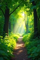 Fototapeta premium Sunlit Tunnel of Lush Greenery A Vibrant Summer Path Perfect for Travel and Nature Photography