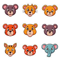 Nine adorable cartoon animal faces, diverse colors, happy expressions.