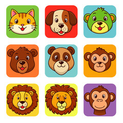Nine adorable cartoon animal faces, colorful square backgrounds, happy expressions.