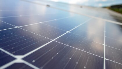 Solar power technology background with photovoltaic cell array reflecting sunlight and clouds.