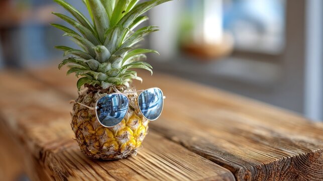 Pineapple Cool: A whimsical pineapple is accessorized with stylish sunglasses, it has an easy going mood while sitting on a wooden bench, perfectly representing a relaxed holiday or easy-going vibes.