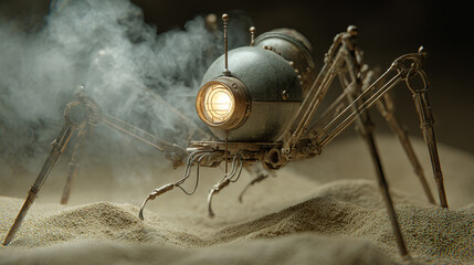 robotic spider mechanical design technology machine innovation circuitry art sandbox illumination metallic structure science object surrealism mystery exploration movement digital sensory effect