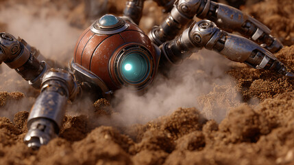 Robot Spider Machine Engineering Artificial Intelligence Metal Surface Details Futuristic Creativity Dynamic Legs Movement Robotic Sensors Lights Round Pipe Cybernetic Fantasy Exploration Field