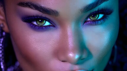 Fototapeta premium Close-up portrait of a woman with vibrant, colorful makeup, illuminated by striking, contrasting lights, showcasing intense eye expressions and skin tones.