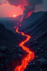 Lava flows from a volcanic vent, creating a dramatic landscape of fiery red and black rock under a smoky sky The molten rock slowly advances, reshaping the earth , shadow, fiery, light