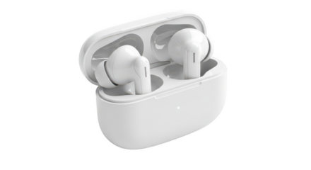 White wireless earbuds and charging case isolated on transparent background
