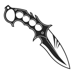 A black and white illustration of a brass knuckle knife, isolated on white background, perfect for illustrating themes of selfdefense and combat