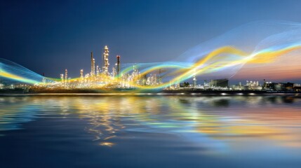 Illuminated Industrial Complex: A visually stunning depiction of an industrial complex at twilight, its structures bathed in an ethereal glow that reflects off the tranquil waters below.