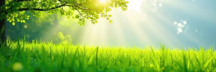 Obraz premium Sunlight dapples a lush green meadow, delicate branches reaching towards the sky, creating a tranquil and idyllic scene Perfect for nature, spring, and environmental themes , ecology, pastoral