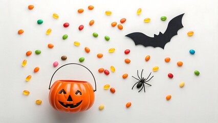 Fototapeta premium Simple Halloween Flat Lay Scene with Small Pumpkin Lantern and Black Handle