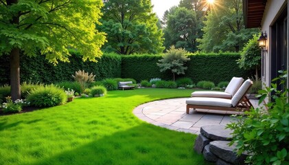 Serene backyard oasis featuring lush greenery, a stone patio, and meticulously manicured lawn Perfect for relaxation and outdoor entertaining Enjoy the tranquil atmosphere , backyard, property