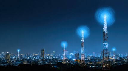 Fototapeta premium Communication Towers: Futuristic towers reach for the night sky, broadcasting signals to the cityscape. A vision of connected infrastructure in the digital age.