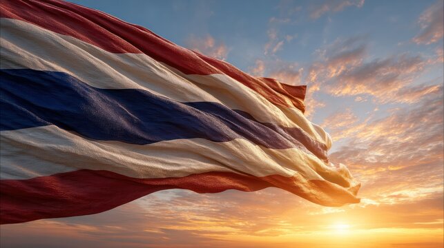 Thailand Flag Embracing the Golden Hour: The vibrant Thai flag billows proudly against a mesmerizing backdrop of a radiant sunset, symbolizing national pride.