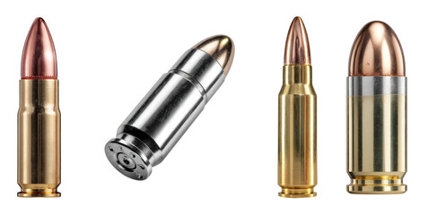 Bullet types and designs firearms industry product showcase, isolated on transparent background, png set