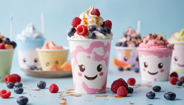 Enjoy delightful frozen yogurt treat, perfect for National Frozen Yogurt Day. Featuring creamy swirls topped with fresh berries like raspberries, blueberries, plus drizzle of caramel sauce. Presented