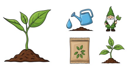 Cartoon Garden Set: Seedling, Watering Can, Gnome, and Seeds Illustration