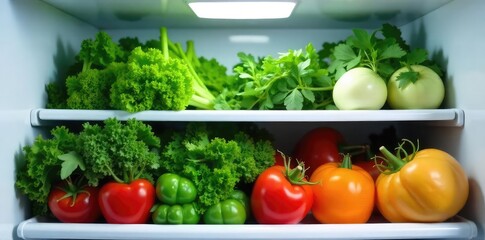 Crisp, fresh green vegetables stored in a modern refrigerator, ready for healthy meals Maintain freshness and reduce food waste with organized fridge storage , herbs, cool, healthy