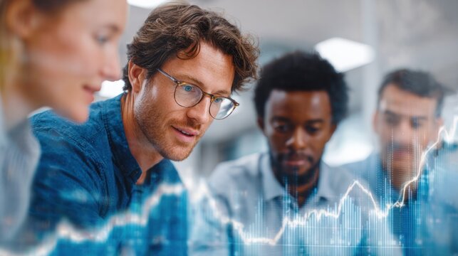 Collaboration and Financial Analysis: A diverse group of professionals huddle around a glowing screen, their faces illuminated by the strategic display of data.