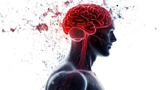Medical-style breakdown of red brain and cardiac light inside a relaxed male body, white background