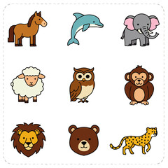 Nine cartoon animal icons arranged in a grid, including a horse, dolphin, elephant, sheep, owl, monkey, lion, bear, and cheetah.
