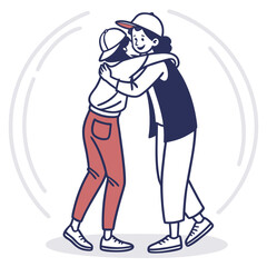 Two friends embracing each other, showcasing a strong bond of friendship, love, and support isolated on white background