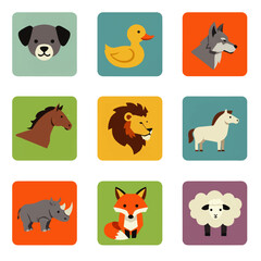 Nine colorful animal icons, featuring dog, duck, wolf, horse, lion, rhino, fox, sheep, and pony.