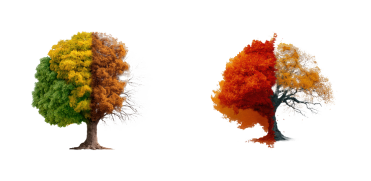 Seasonal tree transformation nature digital fall colors, isolated on transparent background, png set