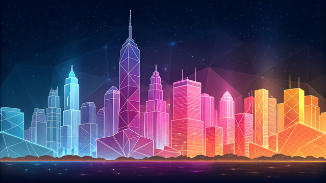 Futuristic cityscape with glowing neon geometric