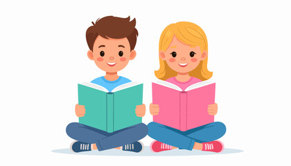 Happy Children Reading Books Together Illustration of Kids Enjoying Story Time