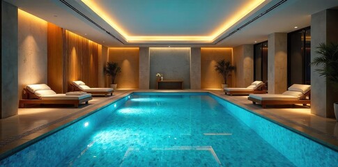 Luxurious Indoor Pool Sparkling Blue Water Reflecting Ambient Light, Modern Design, Relaxing Retreat