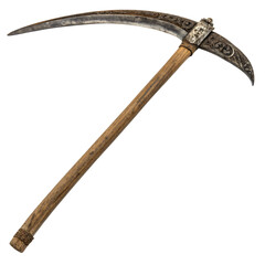 Obraz premium Ancient grim reaper scythe weapon with wooden handle, isolated PNG transparent background