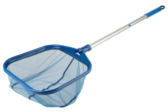 Blue pool skimmer net with telescoping handle, isolated PNG transparent background