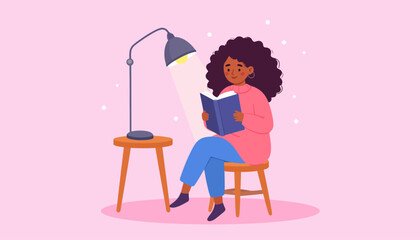 Woman Reading Book Under Desk Lamp at Night Cozy Reading Time Illustration