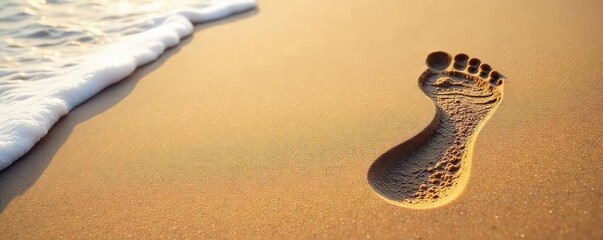 Obraz premium Solitary Footprint in Golden Sand Peaceful Beach Scene, Tide Gently Lapping, Detailed Texture of Pristine Dune