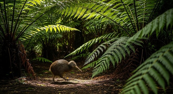 A brown kiwi bird foraging amidst lush, verdant ferns in a dimly lit forest.