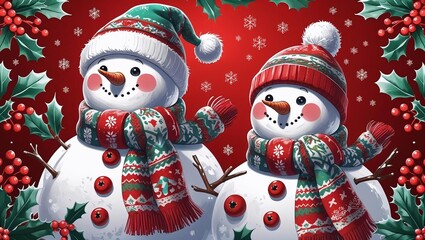 seamless christmas pattern with a rich festive red background. the design features beautifully detailed, large, and colorful snowmen with cozy scarves and winter hats, rendered in a semi realistic, al