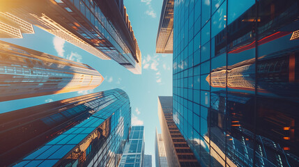 Worm's eye view of skyscrapers with glass facades reflecting the sky on a sunny day in a city center