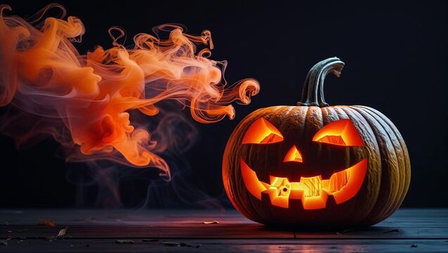 Generative AI image of glowing carved pumpkin among smoke placed in dark background as Halloween concept