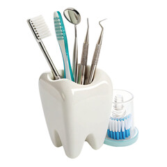 Dental tools arranged in a tooth shaped holder, isolated PNG transparent background
