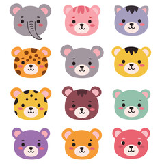 Adorable cartoon animal faces: elephant, bear, cat, tiger, and leopard designs.