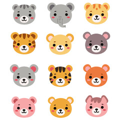 Adorable cartoon animal faces: bears, tigers, and elephants in various colors.