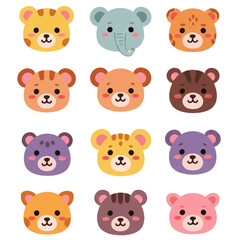 Adorable collection of cartoon animal faces featuring bears, tigers, and an elephant.